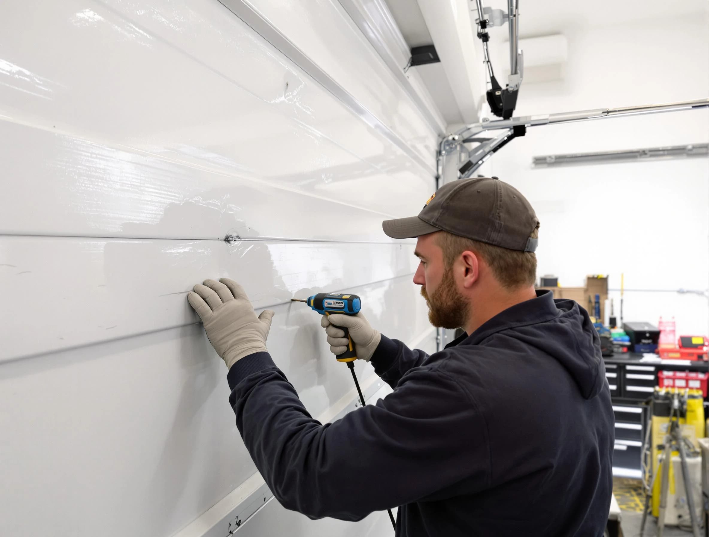 Roxborough Park Garage Door Repair technician demonstrating precision dent removal techniques on a Roxborough Park garage door